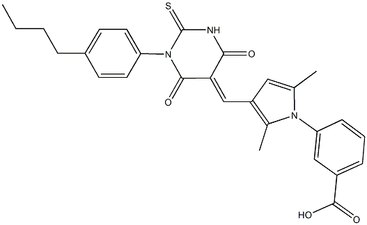 3-{3-[(1-(4-butylphenyl)-4,6-dioxo-2-thioxotetrahydro-5(2H)-pyrimidinylidene)methyl]-2,5-dimethyl-1H-pyrrol-1-yl}benzoic acid Struktur