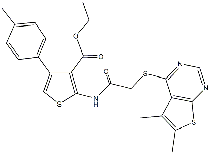 ethyl 2-({[(5,6-dimethylthieno[2,3-d]pyrimidin-4-yl)sulfanyl]acetyl}amino)-4-(4-methylphenyl)-3-thiophenecarboxylate Struktur