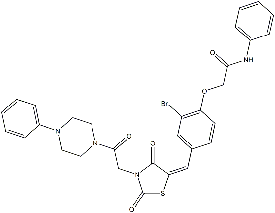 2-[2-bromo-4-({2,4-dioxo-3-[2-oxo-2-(4-phenyl-1-piperazinyl)ethyl]-1,3-thiazolidin-5-ylidene}methyl)phenoxy]-N-phenylacetamide Struktur