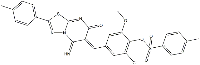 2-chloro-4-[(5-imino-2-(4-methylphenyl)-7-oxo-5H-[1,3,4]thiadiazolo[3,2-a]pyrimidin-6(7H)-ylidene)methyl]-6-methoxyphenyl 4-methylbenzenesulfonate Struktur