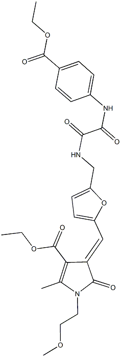 ethyl 4-{[5-({[[4-(ethoxycarbonyl)anilino](oxo)acetyl]amino}methyl)-2-furyl]methylene}-1-(2-methoxyethyl)-2-methyl-5-oxo-4,5-dihydro-1H-pyrrole-3-carboxylate Struktur