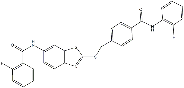 2-fluoro-N-[2-({4-[(2-fluoroanilino)carbonyl]benzyl}sulfanyl)-1,3-benzothiazol-6-yl]benzamide Struktur