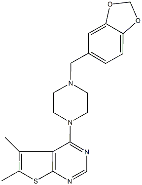 4-[4-(1,3-benzodioxol-5-ylmethyl)-1-piperazinyl]-5,6-dimethylthieno[2,3-d]pyrimidine Struktur