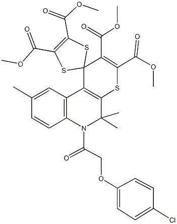 tetramethyl 6-[(4-chlorophenoxy)acetyl]-5,5,9-trimethyl-5,6-dihydrospiro(1H-thiopyrano[2,3-c]quinoline-1,2'-[1,3]-dithiole)-2,3,4',5'-tetracarboxylate Struktur