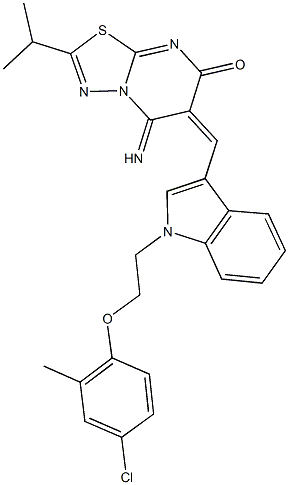 6-({1-[2-(4-chloro-2-methylphenoxy)ethyl]-1H-indol-3-yl}methylene)-5-imino-2-isopropyl-5,6-dihydro-7H-[1,3,4]thiadiazolo[3,2-a]pyrimidin-7-one Struktur