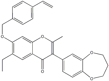 3-(3,4-dihydro-2H-1,5-benzodioxepin-7-yl)-6-ethyl-2-methyl-7-[(4-vinylbenzyl)oxy]-4H-chromen-4-one Struktur