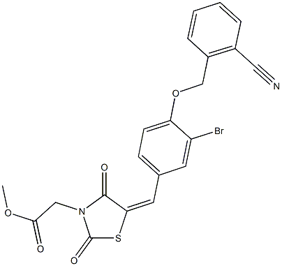 methyl (5-{3-bromo-4-[(2-cyanobenzyl)oxy]benzylidene}-2,4-dioxo-1,3-thiazolidin-3-yl)acetate Struktur