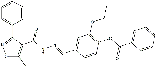 2-ethoxy-4-{2-[(5-methyl-3-phenyl-4-isoxazolyl)carbonyl]carbohydrazonoyl}phenyl benzoate Struktur