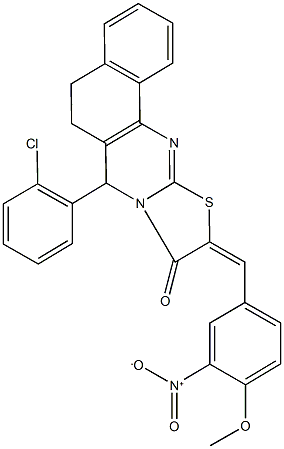 7-(2-chlorophenyl)-10-{3-nitro-4-methoxybenzylidene}-5,7-dihydro-6H-benzo[h][1,3]thiazolo[2,3-b]quinazolin-9(10H)-one Struktur