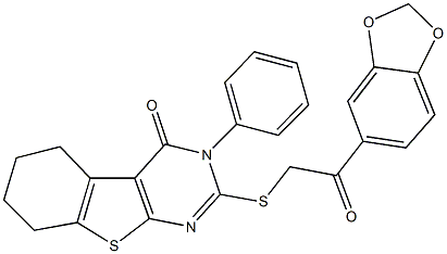 2-{[2-(1,3-benzodioxol-5-yl)-2-oxoethyl]sulfanyl}-3-phenyl-5,6,7,8-tetrahydro[1]benzothieno[2,3-d]pyrimidin-4(3H)-one Struktur