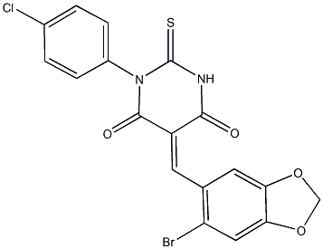 5-[(6-bromo-1,3-benzodioxol-5-yl)methylene]-1-(4-chlorophenyl)-2-thioxodihydro-4,6(1H,5H)-pyrimidinedione Struktur