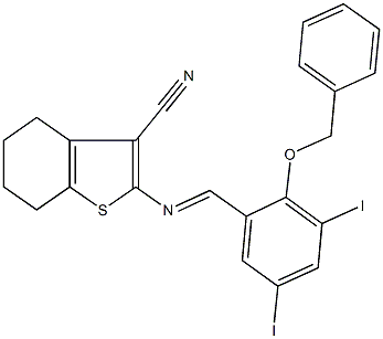 2-{[2-(benzyloxy)-3,5-diiodobenzylidene]amino}-4,5,6,7-tetrahydro-1-benzothiophene-3-carbonitrile Struktur