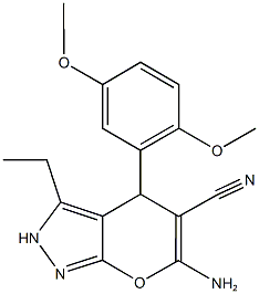 6-amino-4-(2,5-dimethoxyphenyl)-3-ethyl-2,4-dihydropyrano[2,3-c]pyrazole-5-carbonitrile Struktur