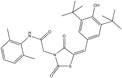 2-[5-(3,5-ditert-butyl-4-hydroxybenzylidene)-2,4-dioxo-1,3-thiazolidin-3-yl]-N-(2,6-dimethylphenyl)acetamide Struktur