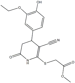 methyl {[3-cyano-4-(3-ethoxy-4-hydroxyphenyl)-6-oxo-1,4,5,6-tetrahydro-2-pyridinyl]sulfanyl}acetate Struktur