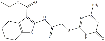 ethyl 2-({[(4-amino-6-oxo-1,6-dihydro-2-pyrimidinyl)sulfanyl]acetyl}amino)-4,5,6,7-tetrahydro-1-benzothiophene-3-carboxylate Struktur