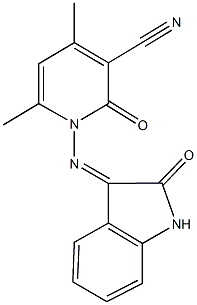 4,6-dimethyl-2-oxo-1-[(2-oxo-1,2-dihydro-3H-indol-3-ylidene)amino]-1,2-dihydropyridine-3-carbonitrile Struktur