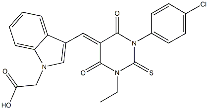 {3-[(1-(4-chlorophenyl)-3-ethyl-4,6-dioxo-2-thioxotetrahydropyrimidin-5(2H)-ylidene)methyl]-1H-indol-1-yl}acetic acid Struktur