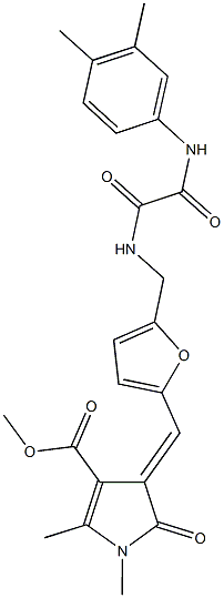 methyl 4-{[5-({[(3,4-dimethylanilino)(oxo)acetyl]amino}methyl)-2-furyl]methylene}-1,2-dimethyl-5-oxo-4,5-dihydro-1H-pyrrole-3-carboxylate Struktur