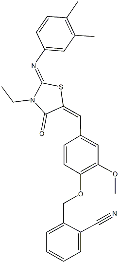 2-{[4-({2-[(3,4-dimethylphenyl)imino]-3-ethyl-4-oxo-1,3-thiazolidin-5-ylidene}methyl)-2-methoxyphenoxy]methyl}benzonitrile Struktur