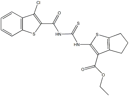 ethyl 2-[({[(3-chloro-1-benzothien-2-yl)carbonyl]amino}carbothioyl)amino]-5,6-dihydro-4H-cyclopenta[b]thiophene-3-carboxylate Struktur