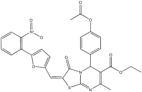 ethyl 5-[4-(acetyloxy)phenyl]-2-[(5-{2-nitrophenyl}-2-furyl)methylene]-7-methyl-3-oxo-2,3-dihydro-5H-[1,3]thiazolo[3,2-a]pyrimidine-6-carboxylate Struktur