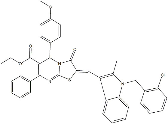 ethyl 2-{[1-(2-chlorobenzyl)-2-methyl-1H-indol-3-yl]methylene}-5-[4-(methylsulfanyl)phenyl]-3-oxo-7-phenyl-2,3-dihydro-5H-[1,3]thiazolo[3,2-a]pyrimidine-6-carboxylate Struktur