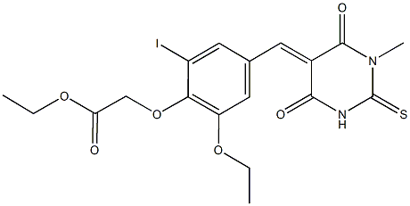 ethyl {2-ethoxy-6-iodo-4-[(1-methyl-4,6-dioxo-2-thioxotetrahydro-5(2H)-pyrimidinylidene)methyl]phenoxy}acetate Struktur