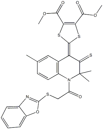 dimethyl 2-(1-[(1,3-benzoxazol-2-ylsulfanyl)acetyl]-2,2,6-trimethyl-3-thioxo-2,3-dihydro-4(1H)-quinolinylidene)-1,3-dithiole-4,5-dicarboxylate Struktur