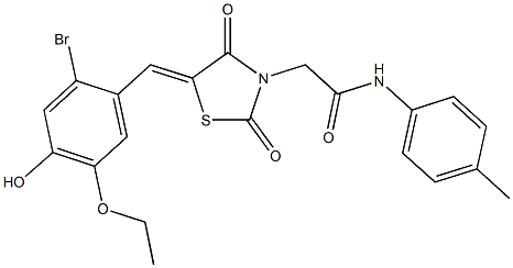 2-[5-(2-bromo-5-ethoxy-4-hydroxybenzylidene)-2,4-dioxo-1,3-thiazolidin-3-yl]-N-(4-methylphenyl)acetamide Struktur