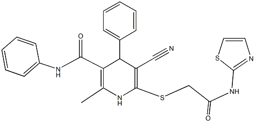 5-cyano-2-methyl-6-{[2-oxo-2-(1,3-thiazol-2-ylamino)ethyl]sulfanyl}-N,4-diphenyl-1,4-dihydro-3-pyridinecarboxamide Struktur