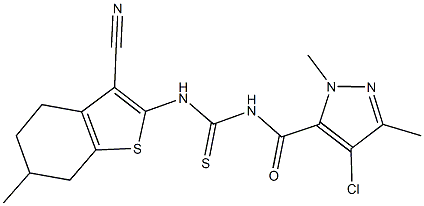 N-[(4-chloro-1,3-dimethyl-1H-pyrazol-5-yl)carbonyl]-N'-(3-cyano-6-methyl-4,5,6,7-tetrahydro-1-benzothien-2-yl)thiourea Struktur