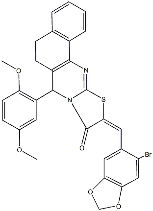 10-[(6-bromo-1,3-benzodioxol-5-yl)methylene]-7-(2,5-dimethoxyphenyl)-5,7-dihydro-6H-benzo[h][1,3]thiazolo[2,3-b]quinazolin-9(10H)-one Struktur