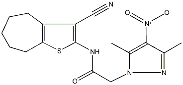 N-(3-cyano-5,6,7,8-tetrahydro-4H-cyclohepta[b]thien-2-yl)-2-{4-nitro-3,5-dimethyl-1H-pyrazol-1-yl}acetamide Struktur