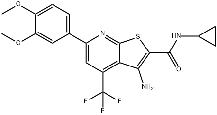 3-amino-N-cyclopropyl-6-(3,4-dimethoxyphenyl)-4-(trifluoromethyl)thieno[2,3-b]pyridine-2-carboxamide Struktur