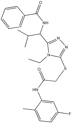 N-[1-(4-ethyl-5-{[2-(5-fluoro-2-methylanilino)-2-oxoethyl]sulfanyl}-4H-1,2,4-triazol-3-yl)-2-methylpropyl]benzamide Struktur