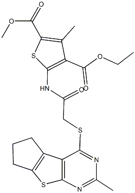 4-ethyl 2-methyl 3-methyl-5-({[(2-methyl-6,7-dihydro-5H-cyclopenta[4,5]thieno[2,3-d]pyrimidin-4-yl)sulfanyl]acetyl}amino)-2,4-thiophenedicarboxylate Struktur