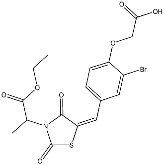 (2-bromo-4-{[3-(2-ethoxy-1-methyl-2-oxoethyl)-2,4-dioxo-1,3-thiazolidin-5-ylidene]methyl}phenoxy)acetic acid Struktur