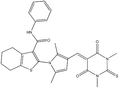 2-{3-[(1,3-dimethyl-4,6-dioxo-2-thioxotetrahydro-5(2H)-pyrimidinylidene)methyl]-2,5-dimethyl-1H-pyrrol-1-yl}-N-phenyl-4,5,6,7-tetrahydro-1-benzothiophene-3-carboxamide Struktur