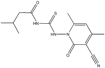 N-(3-cyano-4,6-dimethyl-2-oxo-1(2H)-pyridinyl)-N'-(3-methylbutanoyl)thiourea Struktur