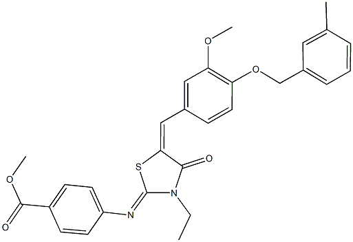 methyl 4-[(3-ethyl-5-{3-methoxy-4-[(3-methylbenzyl)oxy]benzylidene}-4-oxo-1,3-thiazolidin-2-ylidene)amino]benzoate Struktur