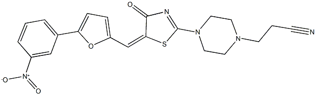 3-(4-{5-[(5-{3-nitrophenyl}-2-furyl)methylene]-4-oxo-4,5-dihydro-1,3-thiazol-2-yl}-1-piperazinyl)propanenitrile Struktur