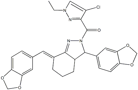 3-(1,3-benzodioxol-5-yl)-7-(1,3-benzodioxol-5-ylmethylene)-2-[(4-chloro-1-ethyl-1H-pyrazol-3-yl)carbonyl]-3,3a,4,5,6,7-hexahydro-2H-indazole Struktur