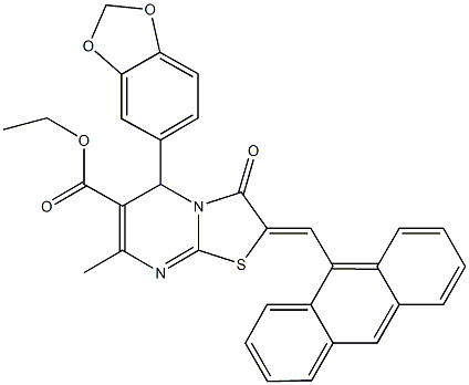 ethyl 2-(9-anthrylmethylene)-5-(1,3-benzodioxol-5-yl)-7-methyl-3-oxo-2,3-dihydro-5H-[1,3]thiazolo[3,2-a]pyrimidine-6-carboxylate Struktur