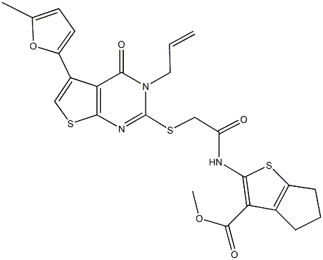 methyl 2-[({[3-allyl-5-(5-methyl-2-furyl)-4-oxo-3,4-dihydrothieno[2,3-d]pyrimidin-2-yl]sulfanyl}acetyl)amino]-5,6-dihydro-4H-cyclopenta[b]thiophene-3-carboxylate Struktur