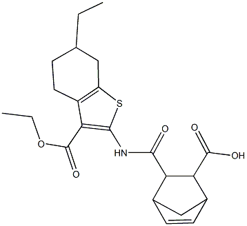 3-({[3-(ethoxycarbonyl)-6-ethyl-4,5,6,7-tetrahydro-1-benzothien-2-yl]amino}carbonyl)bicyclo[2.2.1]hept-5-ene-2-carboxylic acid Struktur