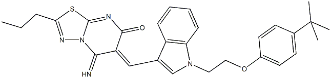 6-({1-[2-(4-tert-butylphenoxy)ethyl]-1H-indol-3-yl}methylene)-5-imino-2-propyl-5,6-dihydro-7H-[1,3,4]thiadiazolo[3,2-a]pyrimidin-7-one Struktur