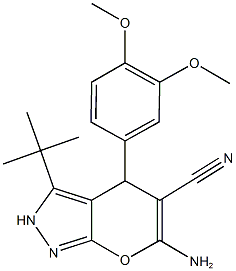 6-amino-3-(tert-butyl)-4-(3,4-dimethoxyphenyl)-2,4-dihydropyrano[2,3-c]pyrazole-5-carbonitrile Struktur