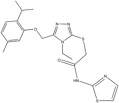 2-({4-ethyl-5-[(2-isopropyl-5-methylphenoxy)methyl]-4H-1,2,4-triazol-3-yl}sulfanyl)-N-(1,3-thiazol-2-yl)acetamide Struktur