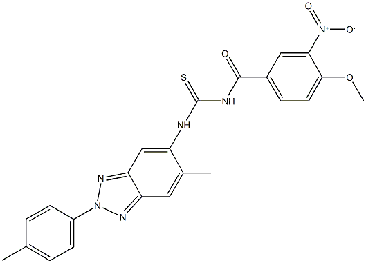 N-{3-nitro-4-methoxybenzoyl}-N'-[6-methyl-2-(4-methylphenyl)-2H-1,2,3-benzotriazol-5-yl]thiourea Struktur